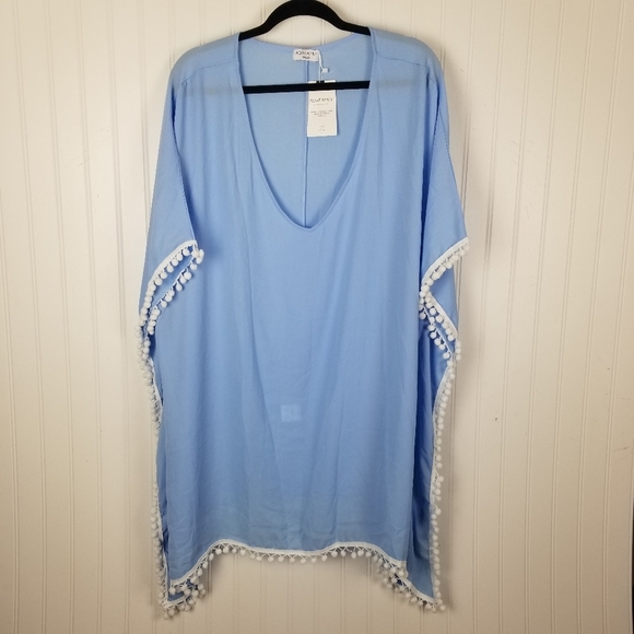 Adreamly Womens Coverup Size 2X 3X Light Blue White Pom-Pom Trim Layer Beach - Picture 2 of 8